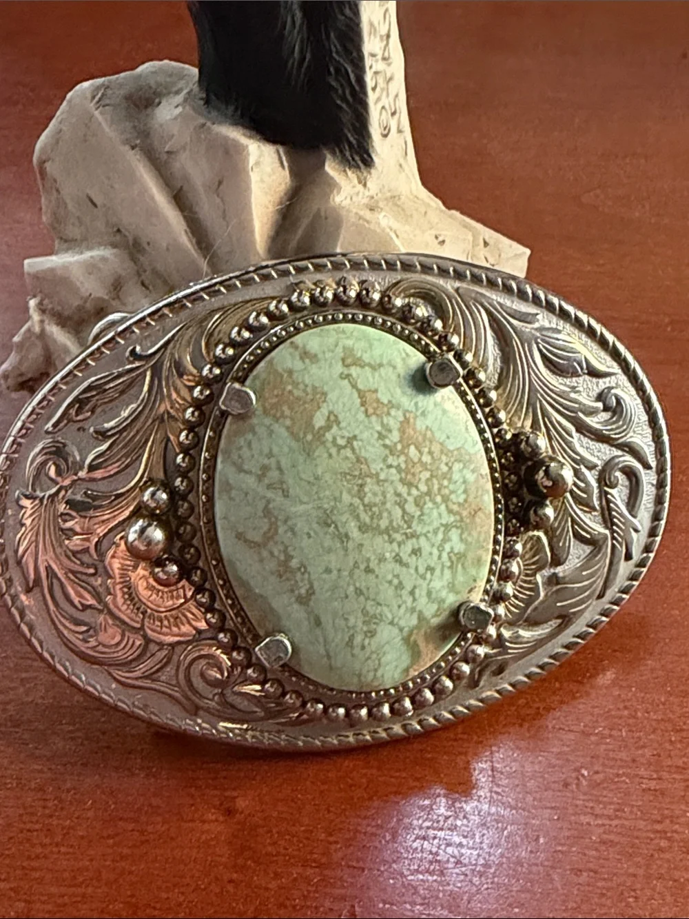 Turquoise Stone Silver-Tone Decorative Belt Buckle